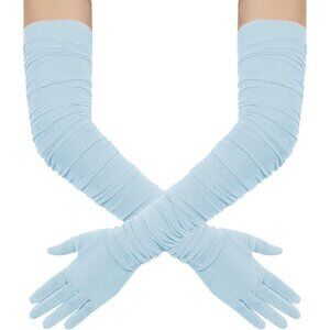 Women's Light Blue Stretchy Tulle Spandex Sheer Satin Long Gloves Party Prom